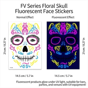 Glow in the dark Day of the Dead flower skull face tattoo sticker showing UV light effect