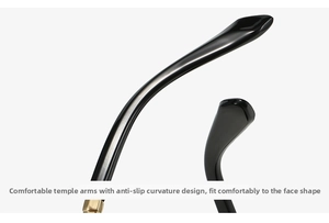 Detail of ergonomic black temple with gold metal hinge and anti-slip curved design