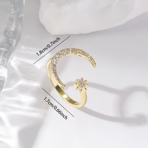 Detail of adjustable star and moon ring with zircon and exact dimension markings