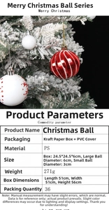 Detailed size and material specification chart for red and white Christmas ball set