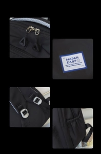 Detail view of the black and white backpack showing dual zippers and side pockets