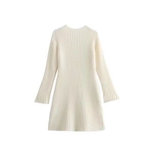 Detail showing high-quality white ribbed knit texture and long sleeves of the A-line dress