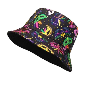 Retro bucket hat with colorful mask and feather patterns on black polyester fabric