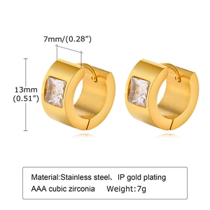 Detail showing 13mm gold IP plated stainless steel hoop earrings with square AAA zircon