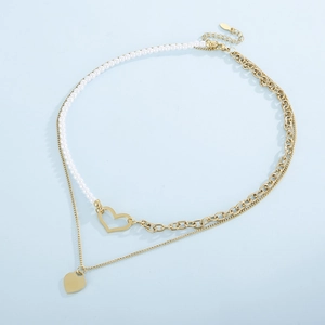 Double layered gold heart necklace with pearls and metallic chain for women