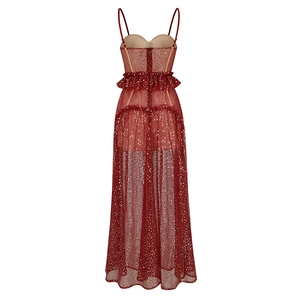 Detailed back view of luxury red sequined party dress with mesh fabric and corset waist