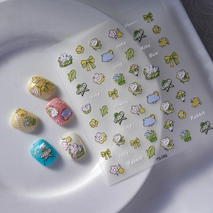 5D embossed nail stickers set with floral and rabbit designs for cute manicure DIY