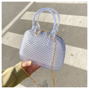 Blue semi-transparent jelly shell bag featuring honeycomb texture and golden chain strap