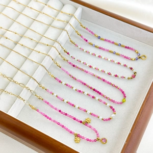 French style colorful natural stone beaded necklace with 18K gold chain and floral pendants