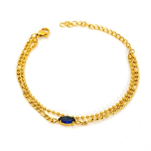 18k gold plated stainless steel double layer bracelet with blue zircon oval centerpiece