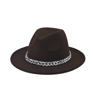 Elegant dark brown felt fedora hat featuring a stylish marble-patterned grey chain band