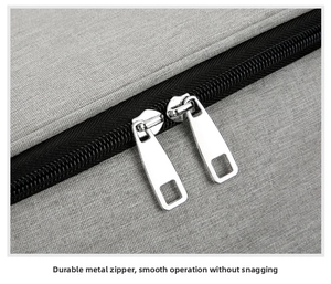 Detail of high-quality metal zippers on a gray insulated lunch backpack