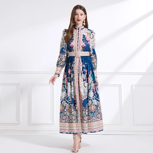 Stand Collar Vintage Print Maxi Dress Long Lantern Sleeve Belted Retro Floral Elegant Bohemian Navy Blue