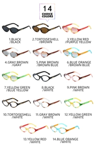 Detailed catalog showing 14 color variations of retro oval frame fashion sunglasses