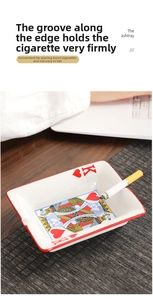 Detail of ceramic playing card ashtray with King of Hearts print and anti-slip cigarette slot