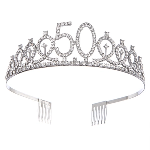 Silver 50th birthday crown tiara with sparkling rhinestones and integrated hair combs