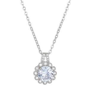 Elegant silver sunburst flower pendant necklace with central round crystal for women
