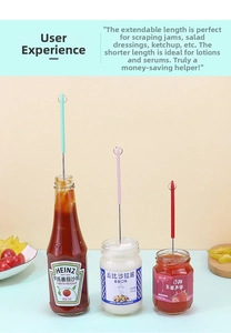 Mini retractable silicone spatula set inserted in sauce bottles for scraping residue