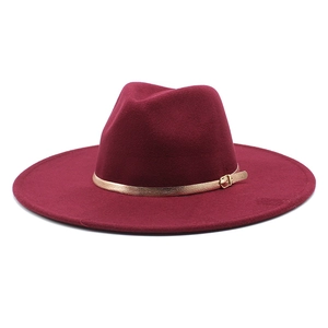 Classic burgundy fedora hat with wide brim and gold metal buckle belt decoration