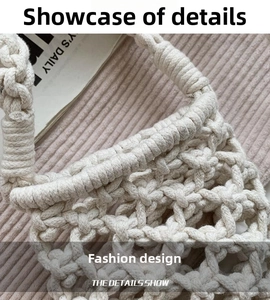 Close-up of macrame woven crossbody bag showing hand-knitted cotton rope textures
