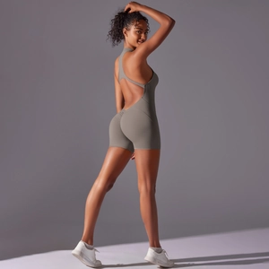 Close-up of seamless yoga bodysuit featuring a deep open back and supportive fabric