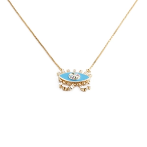 Collier œil maléfique doré avec pendentif cœur en émail bleu et pompons en zircon sur blanc