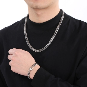 Hip hop silver stainless steel Cuban link chain necklace and bracelet set for men