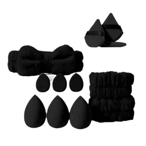 12-piece black makeup tool set with coral fleece headband, wristbands, sponges, and puffs