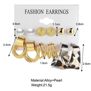 6-piece vintage earring set with leopard print, pearls, and geometric hoops in alloy
