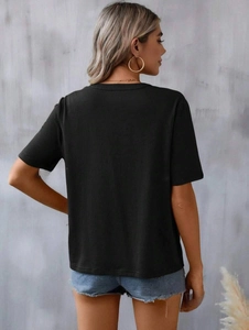 Back view of a black short-sleeved cotton T-shirt featuring high-quality embroidery detail