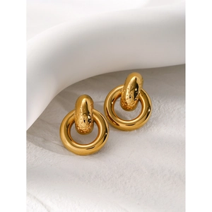 Minimalist 18k gold plated stainless steel earrings with geometric double hoop design