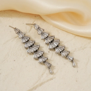 Elegant silver tassel drop earrings with sparkling trapezoid cut cubic zirconia stones