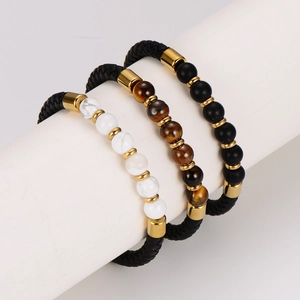 8mm tiger eye and marble stone beaded bracelet with black woven cord and gold spacers
