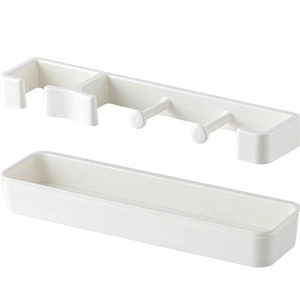 Wall-mounted white plastic umbrella storage rack with integrated hooks and drainage tray