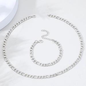 Minimalist silver stainless steel Figaro necklace and bracelet jewelry set for men