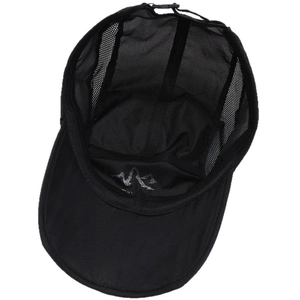 Foldable black mesh sports cap with breathable quick-dry fabric and adjustable buckle strap
