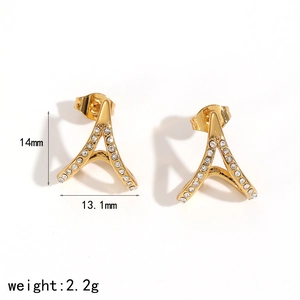 Elegant gold A-shaped stainless steel earrings with white zircon inlays 14x13mm