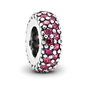 Sparkling pink rhinestone cylinder bead in polished silver metal for charm bracelets