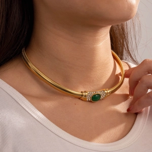 Collana Girocollo Vintage Francese con Zirconia Smeraldo Acciaio Inossidabile Catena a Osso di Serpente Oro Argento di Lusso per Donna Gioielli Regalo