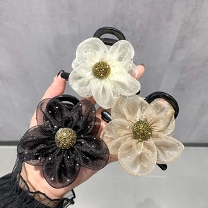 Mesh Flower Hair Claw Clip With Rhinestones And Imitation Artificial Pearl Elegant Korean Style Shark Clip For Women Accessories