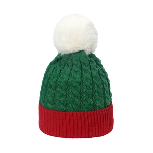 Christmas red and green knit beanie with chunky twist pattern and white pompom