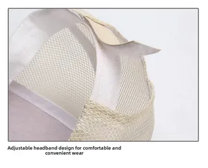 Detail of beige mesh baseball cap with adjustable hook-and-loop strap and breathable fabric