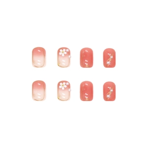 Short square press-on nails with pink gradient, 3D camellia flowers and pearl accents