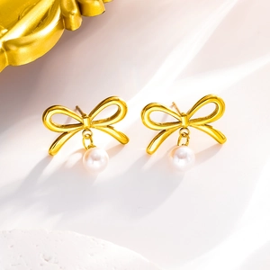 Boucles d'oreilles nœud dorées minimalistes avec pendentifs perles et design géométrique