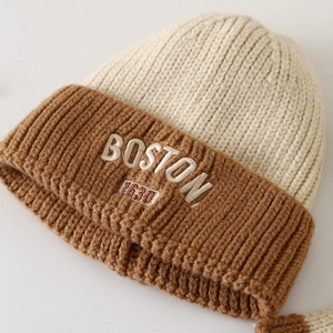 Winter kids knit beanie hat with Boston 1630 embroidery in beige and caramel tones