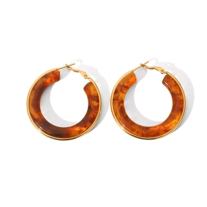French vintage amber resin hoop earrings with gold-plated stainless steel accents