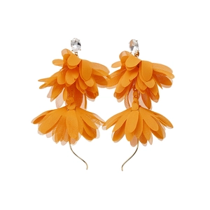 Eleganti orecchini a fiore in chiffon arancione con borchie di cristallo e oro