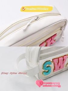 Dettaglio della pelle PU di qualità, del cinturino in nylon e della cerniera di questa pochette