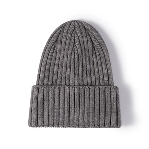 Dark grey ribbed knit beanie hat for women featuring a warm cuffed design in a minimalist style