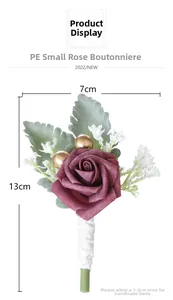 Detail showing a burgundy PE rose boutonniere with gold beads and white cord wrapping